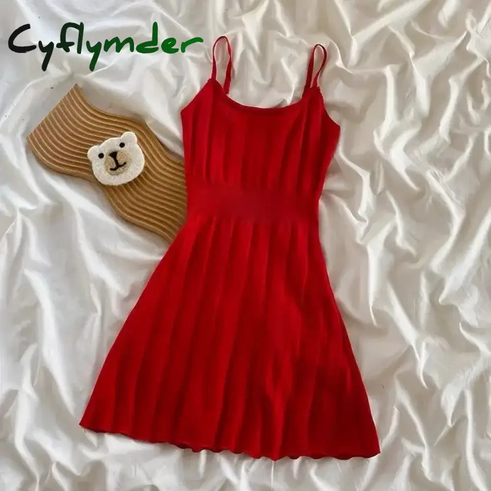 Cyflymder Hollow Out Elegant Striped Mini Dress Women Solid Red Elastic Dresses Korean Spaghetti Strap Slim A Line
