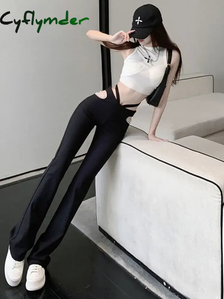 Cyflymder Hollow Out Pearls Chain Low Waisted Flare Jeans Slim Aesthetic Retro Denim Sweatpants Streetwear Fashion