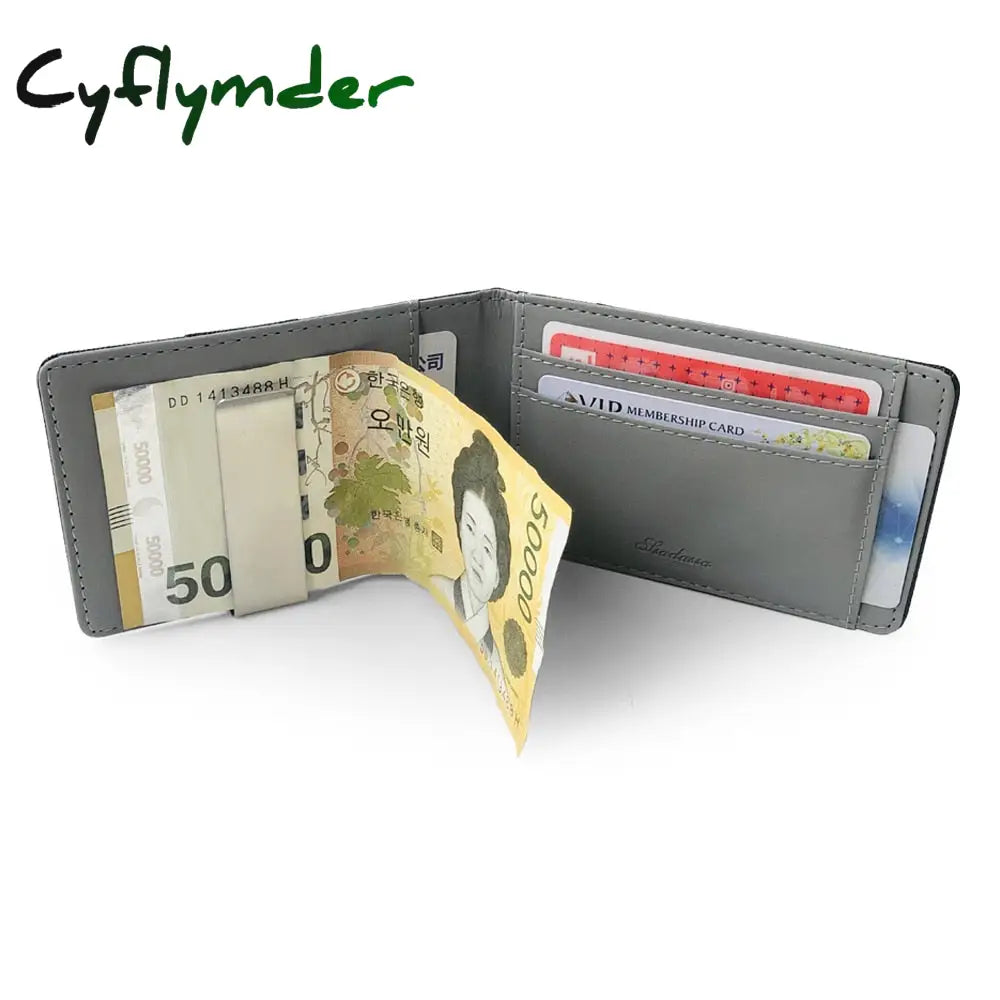 Cyflymder Hot Sale Fashion Solid Men’s Thin Bifold Money Clip Leather Wallet With A Metal Clamp