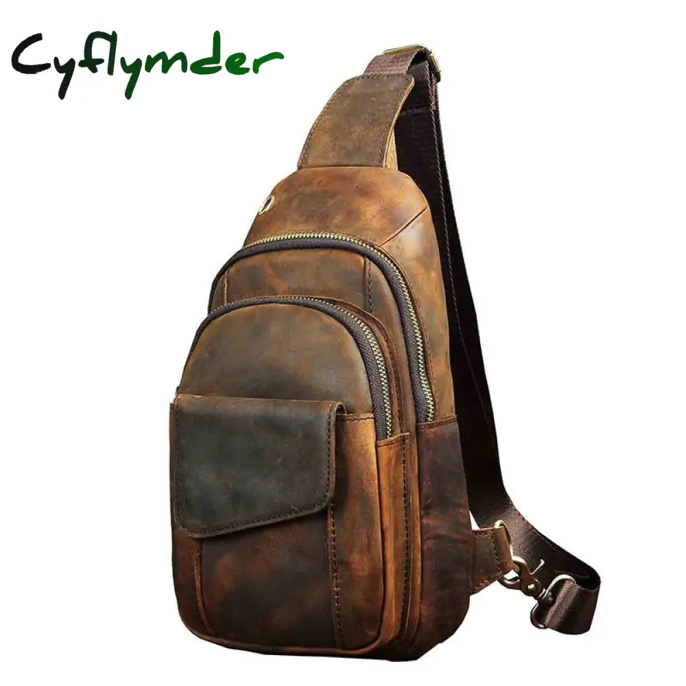 Cyflymder Hot Sale Men Crazy Horse Leather Casual Fashion Chest Sling Bag 8’’ Tablet Design One