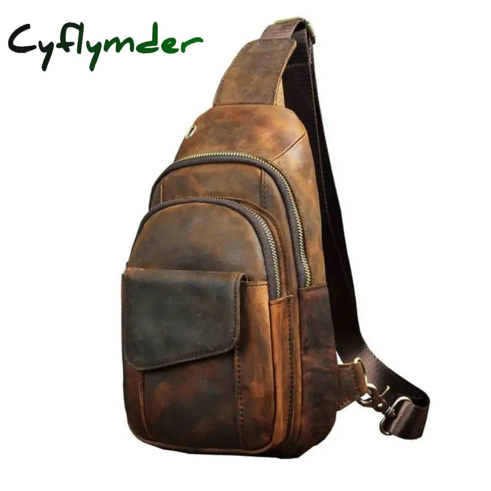 Cyflymder Hot Sale Men Crazy Horse Leather Casual Fashion Chest Sling Bag 8’’ Tablet Design One