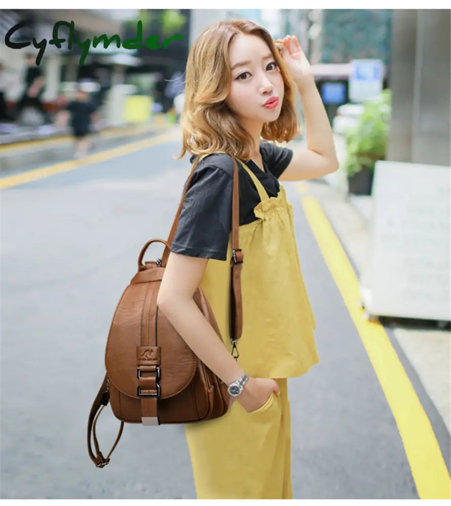 Cyflymder Hot Women Leather Backpacks Female Vintage Backpack For Teenage Girls School Chest Bag