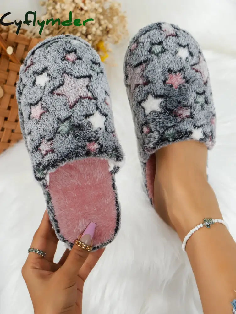 Cyflymder Indoor Anti Slip Fuzzy Slippers Cotton Slippers for Women in Autumn and Winter Warm Home Anti Slip Thick