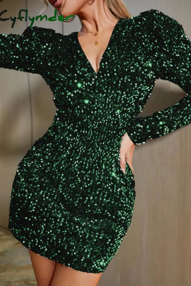 Cyflymder - Ink Green Sexy Casual Patchwork Sequins V Neck Long Sleeve Dresses