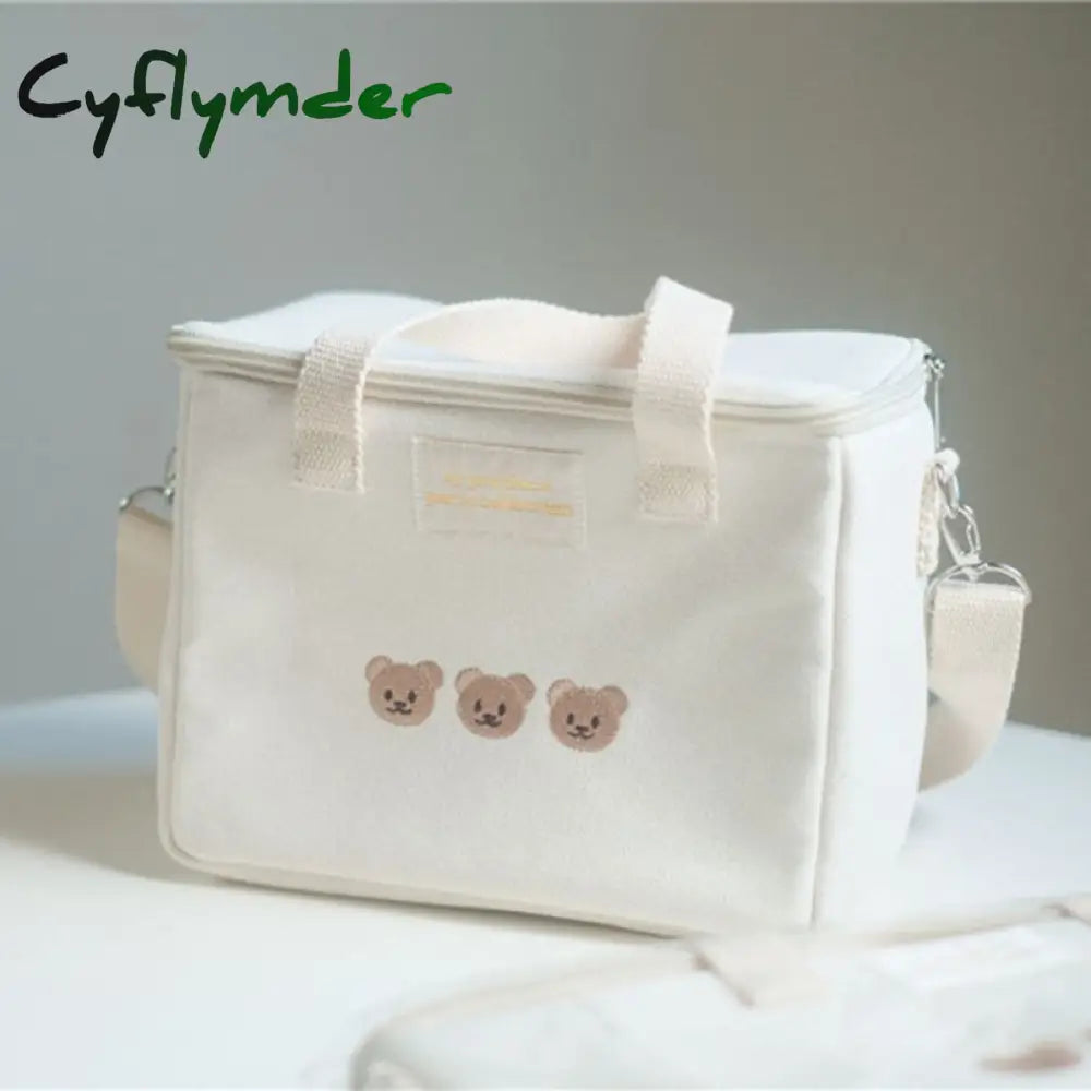 Cyflymder Ins Bear Lunch Bag Canvas Large Capacity Insulation Handbags Multifunctional Thermal