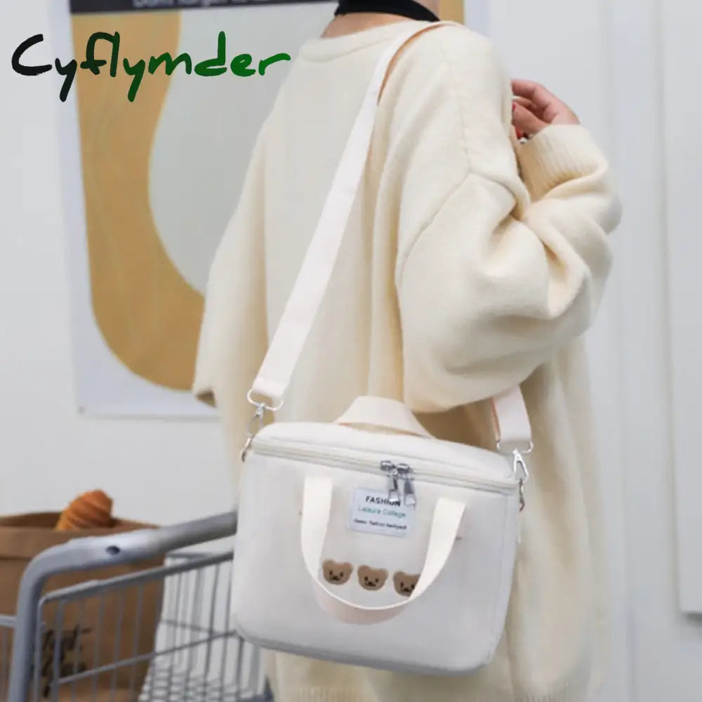 Cyflymder Ins Bear Lunch Bag Canvas Large Capacity Insulation Handbags Multifunctional Thermal