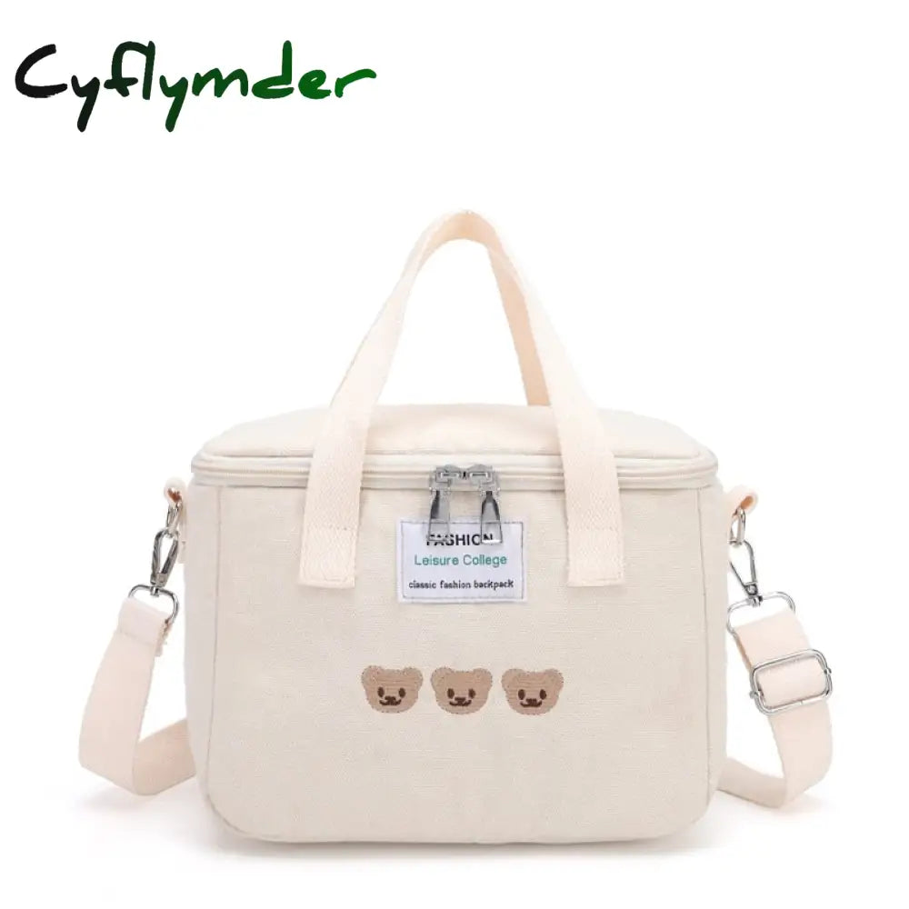 Cyflymder Ins Bear Lunch Bag Canvas Large Capacity Insulation Handbags Multifunctional Thermal