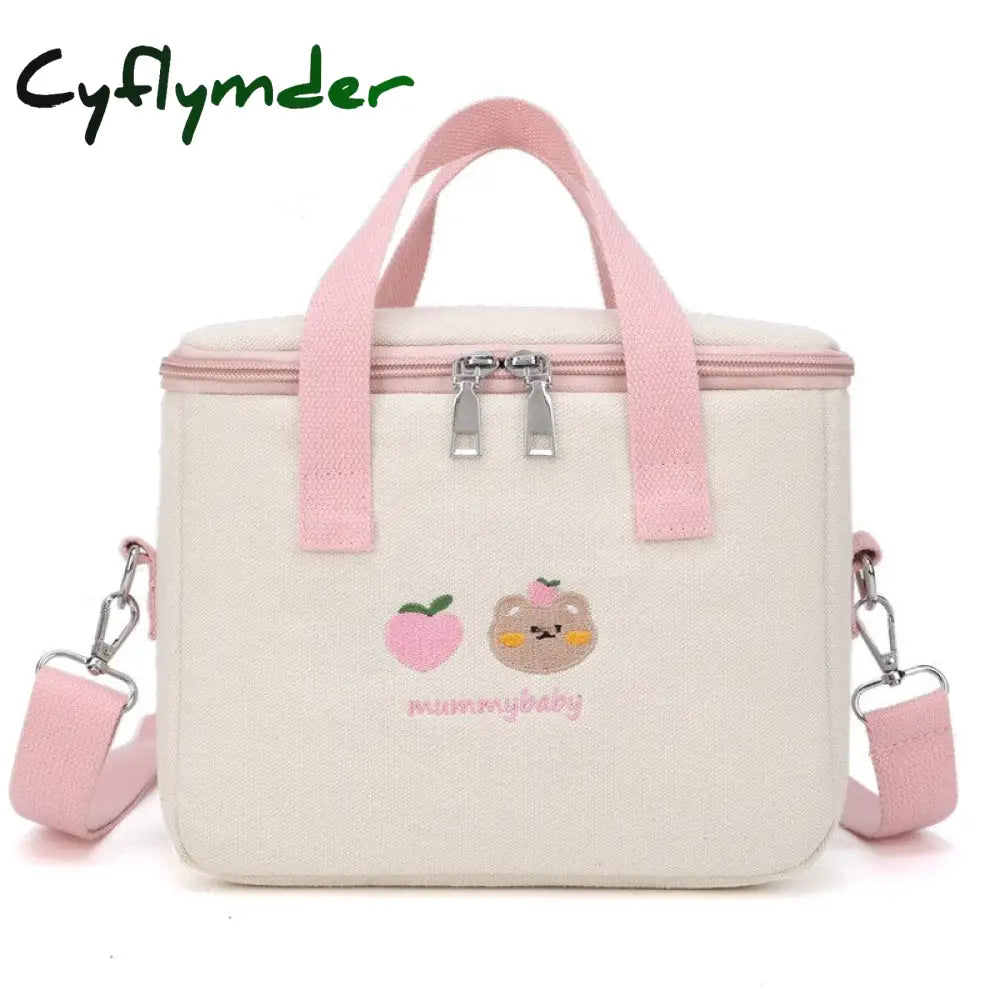 Cyflymder Ins Bear Lunch Bag Canvas Large Capacity Insulation Handbags Multifunctional Thermal