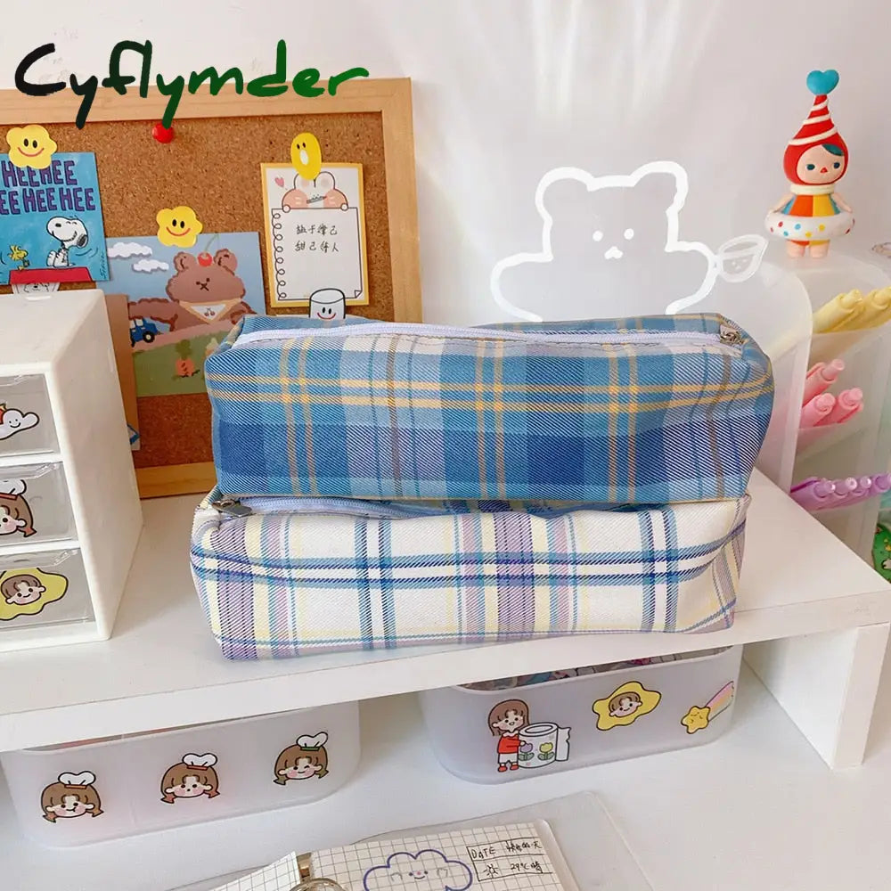 Cyflymder Ins Pencil Case Girls Korean Large-Capacity Cute Plaid Box School Teenagers