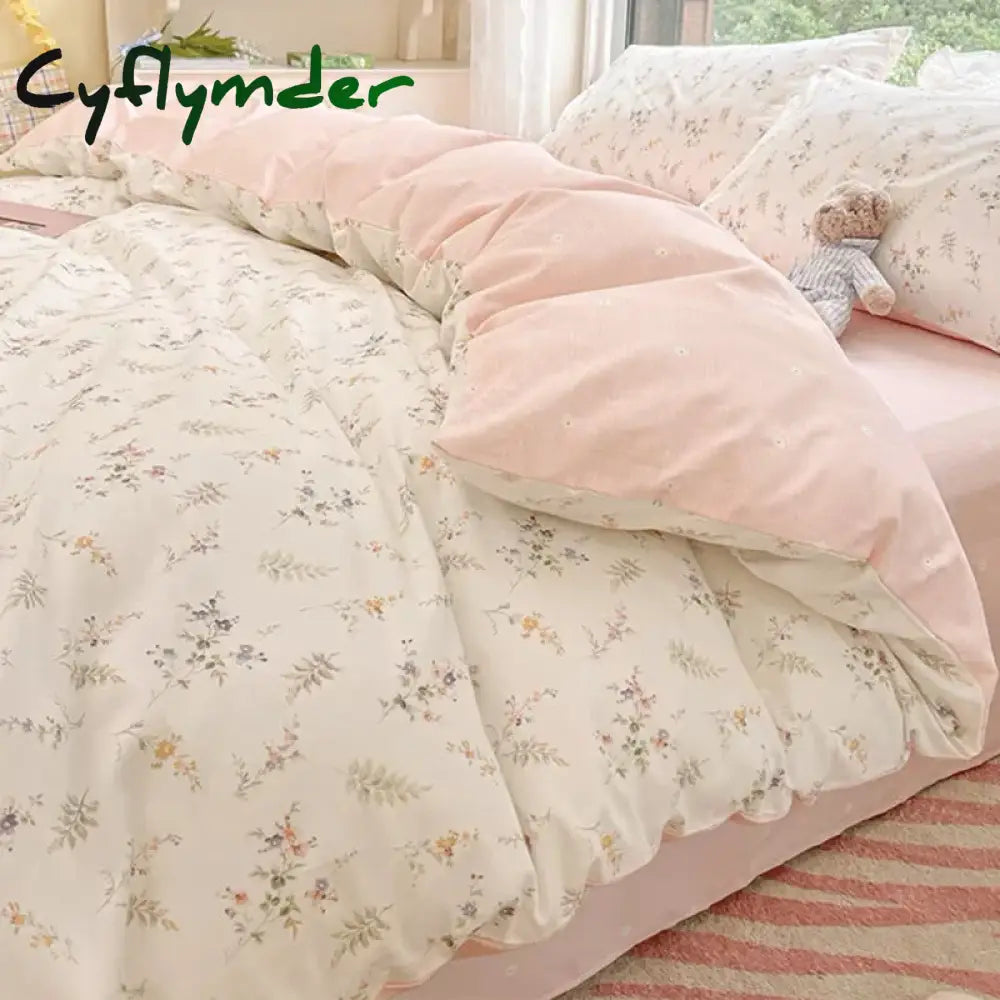 Cyflymder Ins Pink Flowers Bedding Set Flat Bed Sheet Duvet Cover Twin Full Queen Nordic Bed Linen Boy Girl Bedding