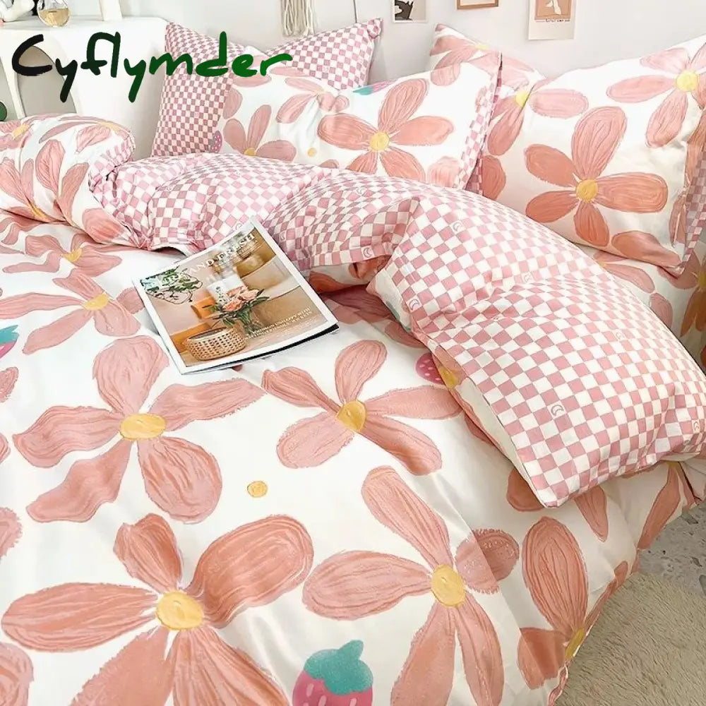 Cyflymder Ins Pink Flowers Bedding Set Flat Bed Sheet Duvet Cover Twin Full Queen Nordic Bed Linen Boy Girl Bedding