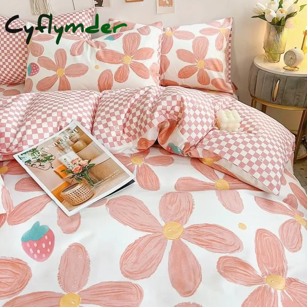 Cyflymder Ins Pink Flowers Bedding Set Flat Bed Sheet Duvet Cover Twin Full Queen Nordic Bed Linen Boy Girl Bedding