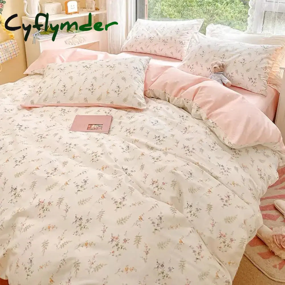 Cyflymder Ins Pink Flowers Bedding Set Flat Bed Sheet Duvet Cover Twin Full Queen Nordic Bed Linen Boy Girl Bedding