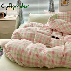 Cyflymder INS Pink Green Lattice Stripe Bedding Set Plaid Duvet Cover Soft Microfiber Bed Linen Twin Full Queen Size