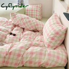 Cyflymder INS Pink Green Lattice Stripe Bedding Set Plaid Duvet Cover Soft Microfiber Bed Linen Twin Full Queen Size