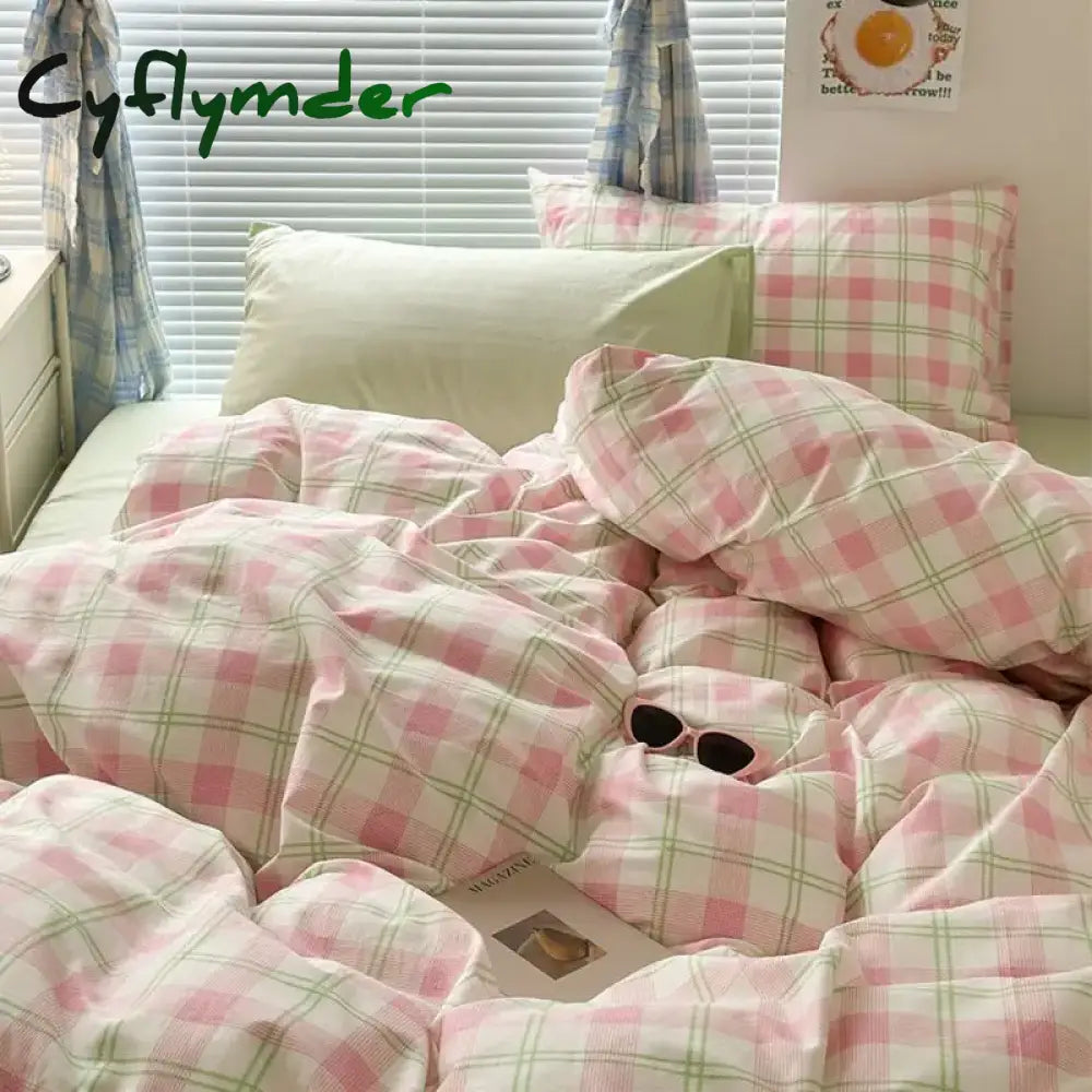 Cyflymder INS Pink Green Lattice Stripe Bedding Set Plaid Duvet Cover Soft Microfiber Bed Linen Twin Full Queen Size