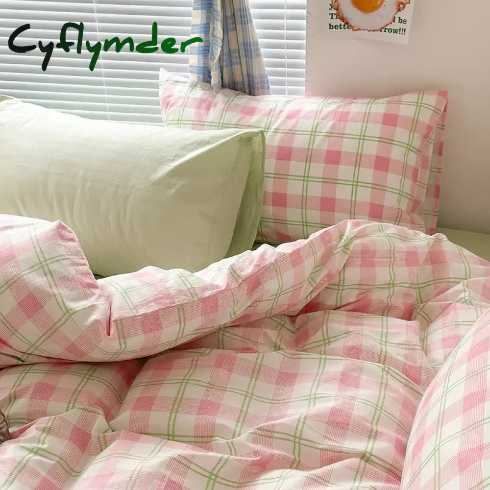 Cyflymder INS Pink Green Lattice Stripe Bedding Set Plaid Duvet Cover Soft Microfiber Bed Linen Twin Full Queen Size