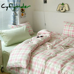 Cyflymder INS Pink Green Lattice Stripe Bedding Set Plaid Duvet Cover Soft Microfiber Bed Linen Twin Full Queen Size