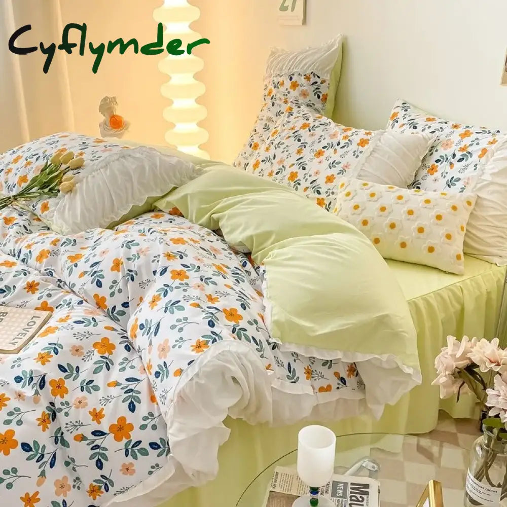 Cyflymder INS Princess Style Flower Bedding Set Duvet Cover With Ruffle Lace Bed Sheet Pillowcases Kawaii Girl Woman