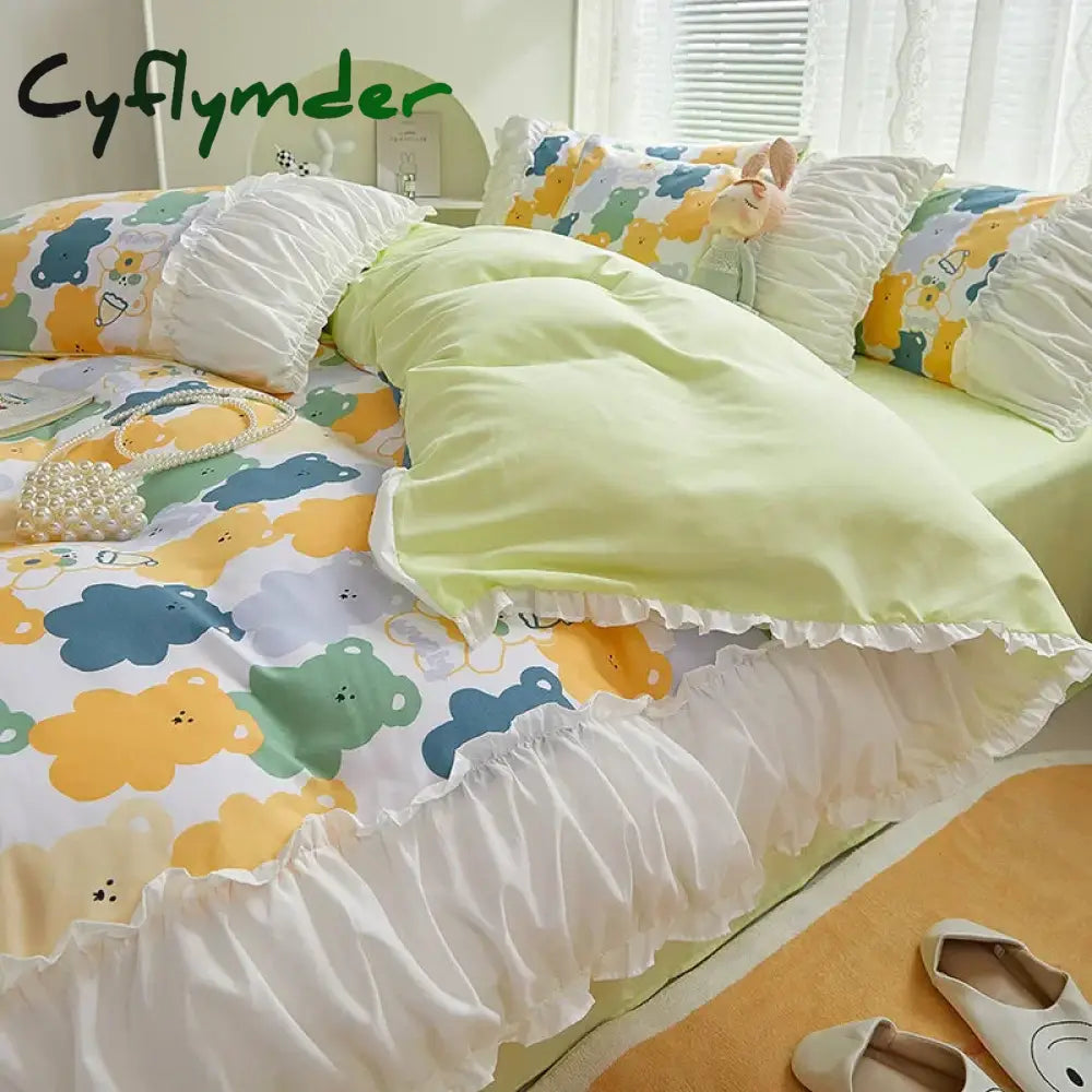 Cyflymder INS Princess Style Flower Bedding Set Duvet Cover With Ruffle Lace Bed Sheet Pillowcases Kawaii Girl Woman