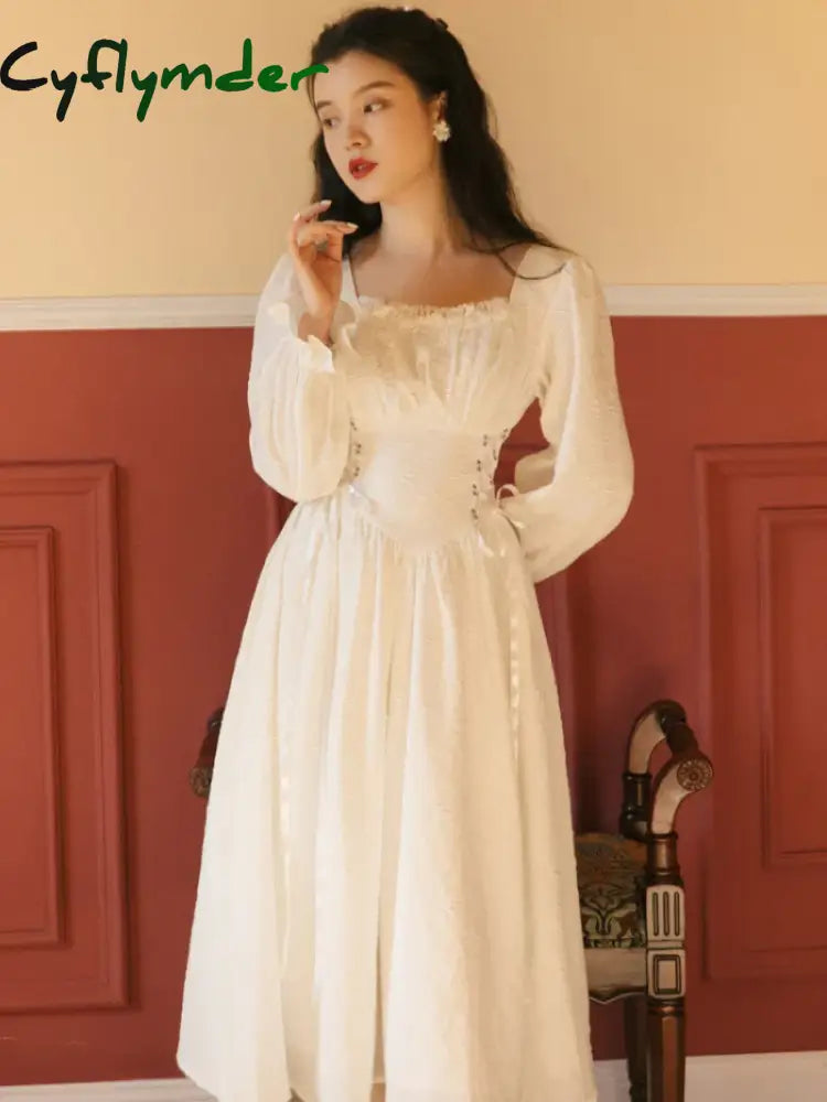 Cyflymder Jacquard Long Fairy Dress French Style Spring Autumn Women Square Collar White Black