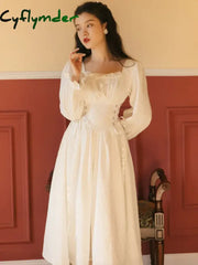 Cyflymder Jacquard Long Fairy Dress French Style Spring Autumn Women Square Collar White Black