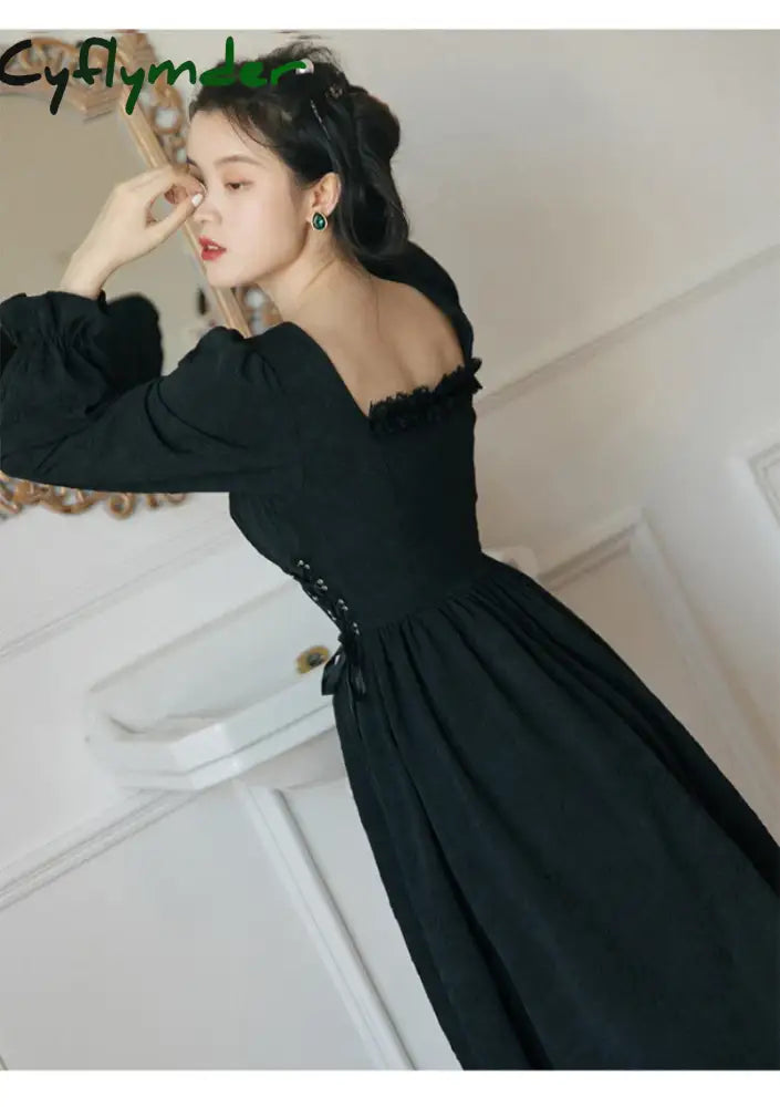 Cyflymder Jacquard Long Fairy Dress French Style Spring Autumn Women Square Collar White Black