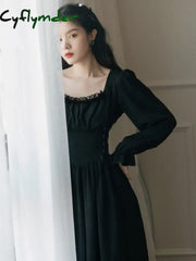 Cyflymder Jacquard Long Fairy Dress French Style Spring Autumn Women Square Collar White Black