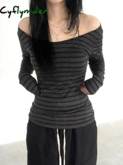 Cyflymder Japanese Basic Slim Long Sleeve Stripe Tee Off Shoulder O Neck Korean Street Style Spring Autumn Y2K Gray T