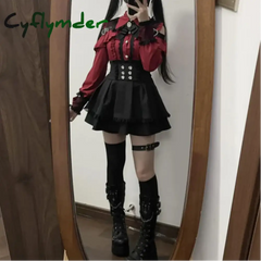 Cyflymder Japanese Black Short Skirt Set Gothic Ruffle Mini Skirts Sexy Lace Off Shoulder Lolita Shirt Gown Faldas Y2k