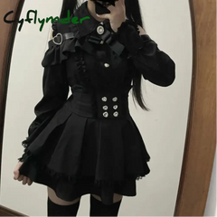 Cyflymder Japanese Black Short Skirt Set Gothic Ruffle Mini Skirts Sexy Lace Off Shoulder Lolita Shirt Gown Faldas Y2k