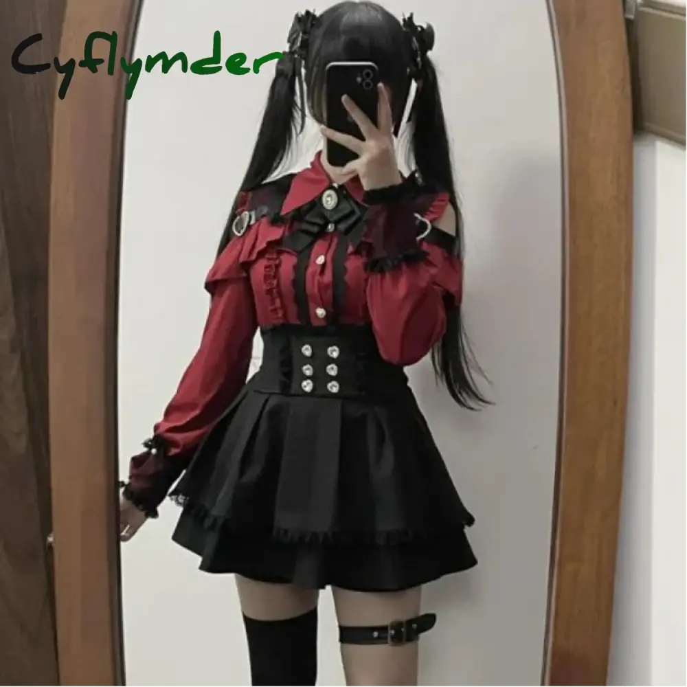 Cyflymder Japanese Black Short Skirt Set Gothic Ruffle Mini Skirts Sexy Lace Off Shoulder Lolita Shirt Gown Faldas Y2k