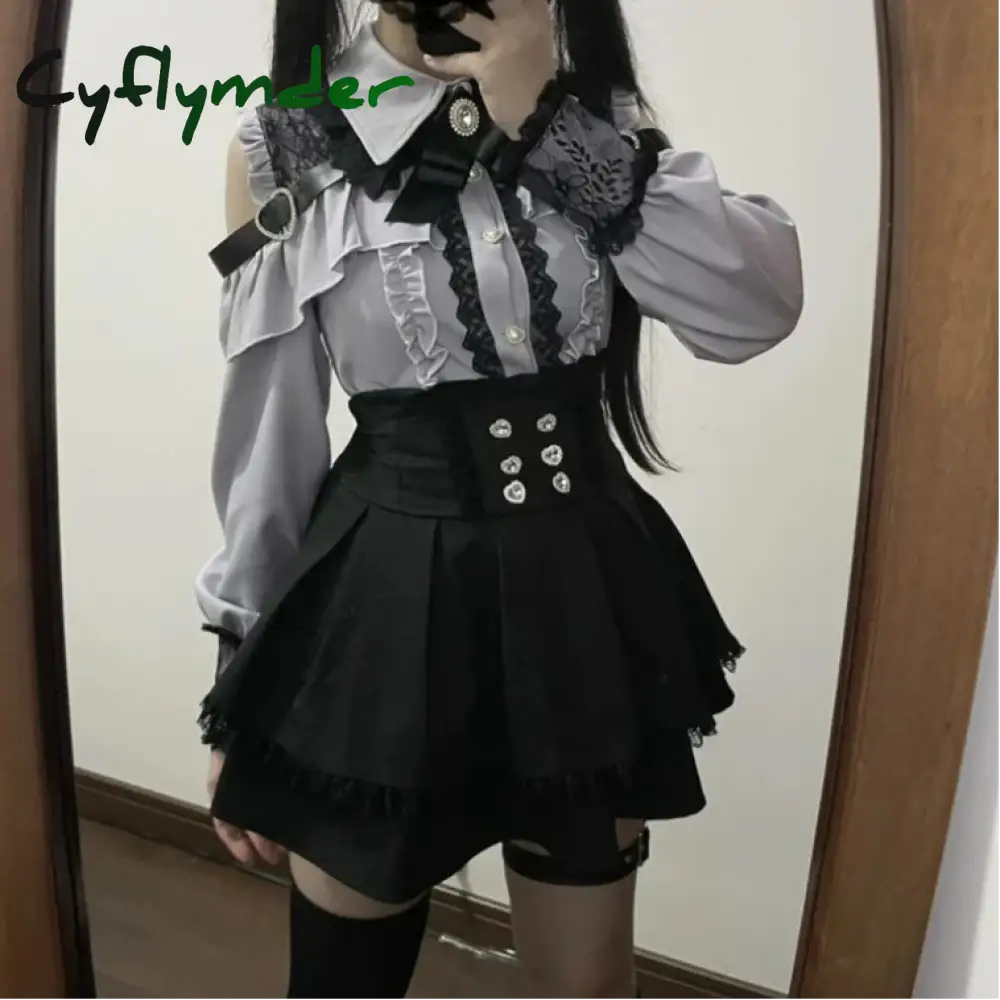 Cyflymder Japanese Black Short Skirt Set Gothic Ruffle Mini Skirts Sexy Lace Off Shoulder Lolita Shirt Gown Faldas Y2k