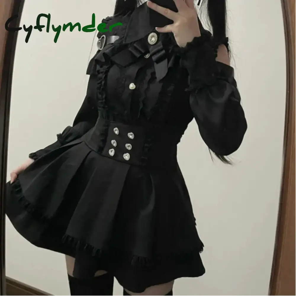 Cyflymder Japanese Black Short Skirt Set Gothic Ruffle Mini Skirts Sexy Lace Off Shoulder Lolita Shirt Gown Faldas Y2k