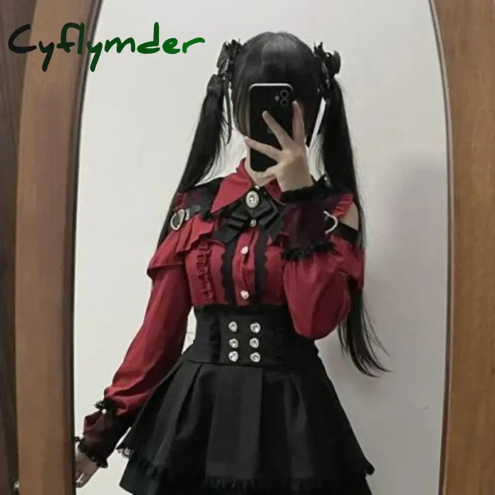 Cyflymder Japanese Black Short Skirt Set Gothic Ruffle Mini Skirts Sexy Lace Off Shoulder Lolita Shirt Gown Faldas Y2k