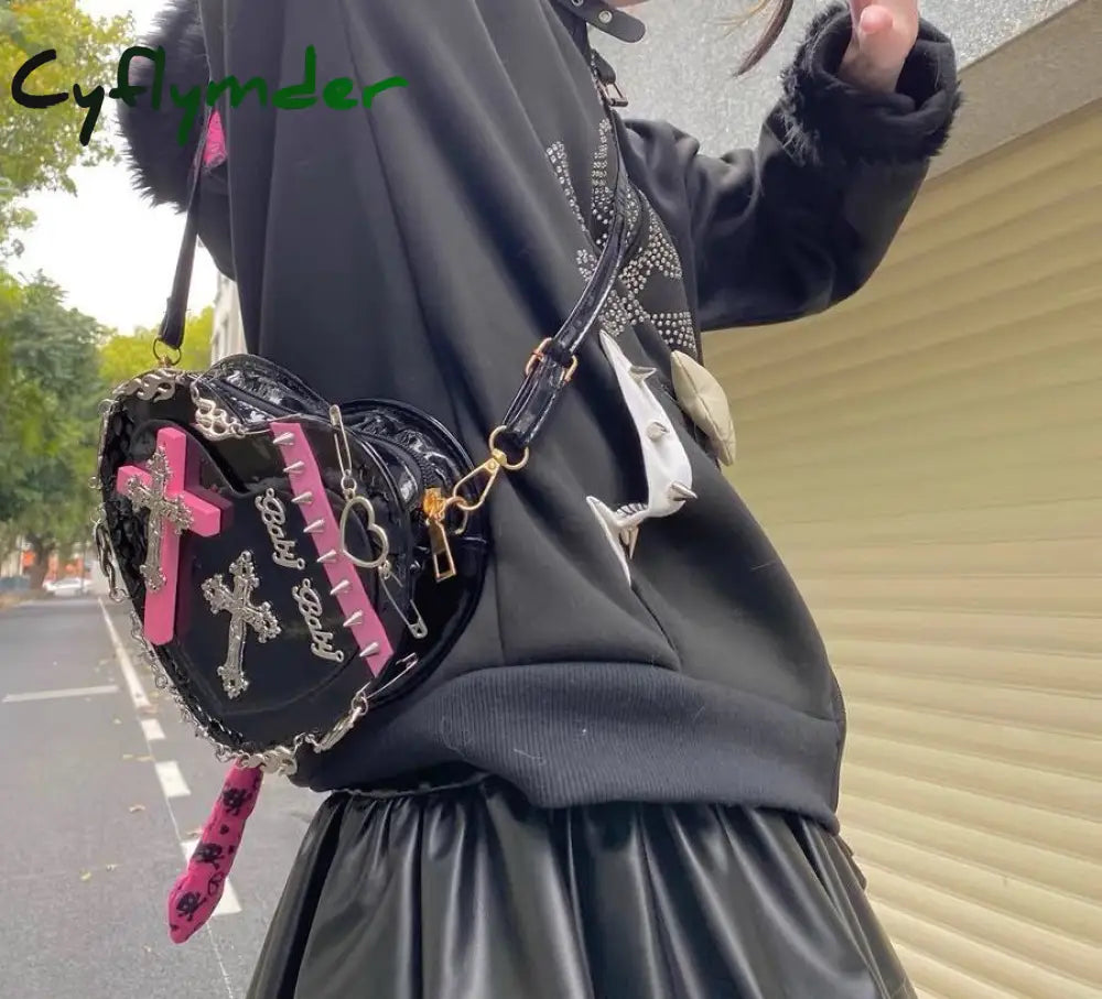 Cyflymder Japanese Gothic Shoulder Bag Female Harajuku Y2K Kawaii Heart Lolita Crossbody For Women