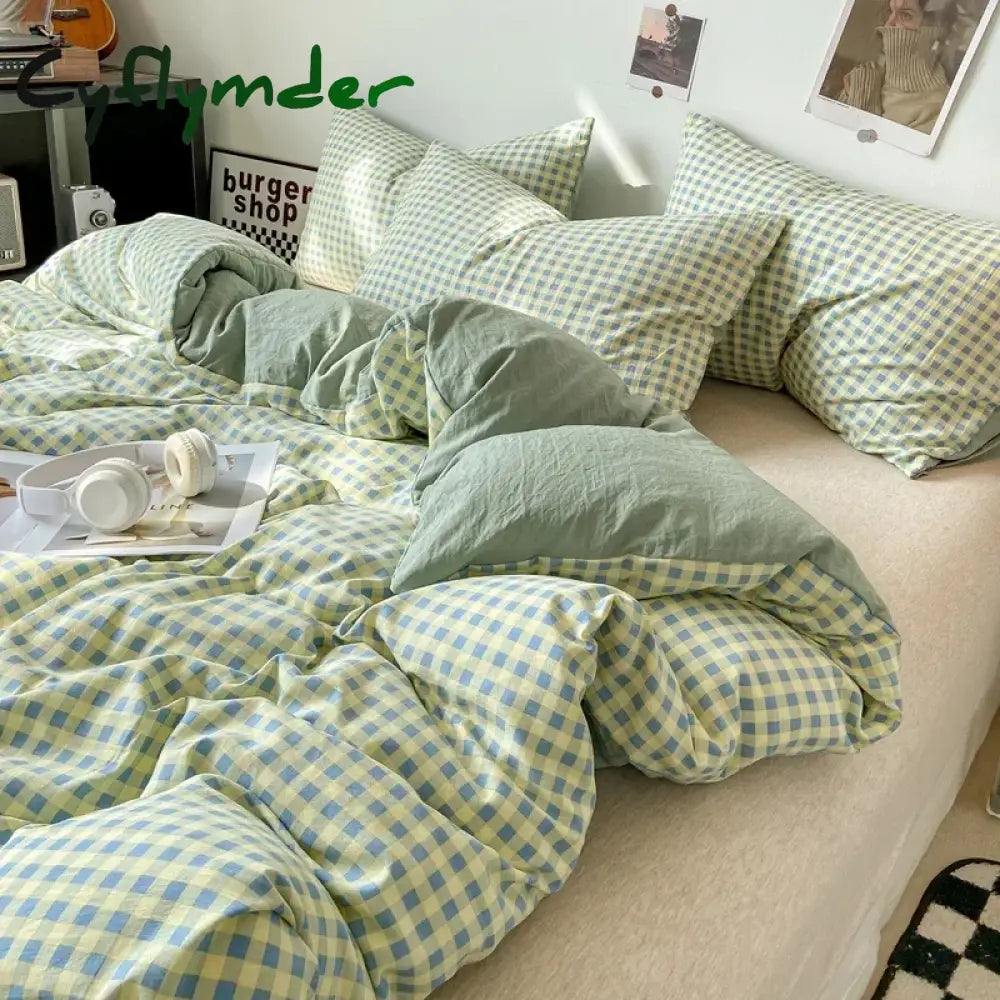 Cyflymder Japanese Style Check Queen Duvet Cover Set 1/3 Pcs Soft Washed Quilt Cover and Pillowcase or Only Quilt