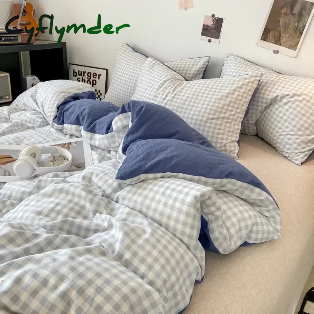Cyflymder Japanese Style Check Queen Quilt Cover Set 1/3 Pcs Soft Washed Duvet Cover and Pillowcase or Only Duvet