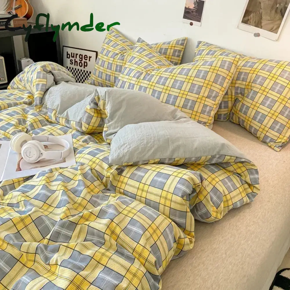 Cyflymder Japanese Style Check Queen Quilt Cover Set 1/3 Pcs Soft Washed Duvet Cover and Pillowcase or Only Duvet