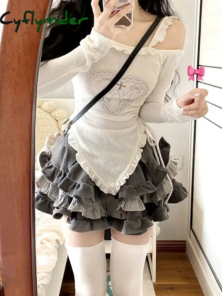 Japanese Style Knit Suits Kawaii Clothing 2 Piece Skirts Set Women Vintage Print Y2k Crop Tops Blouse + Mini Skirts Korean Chic