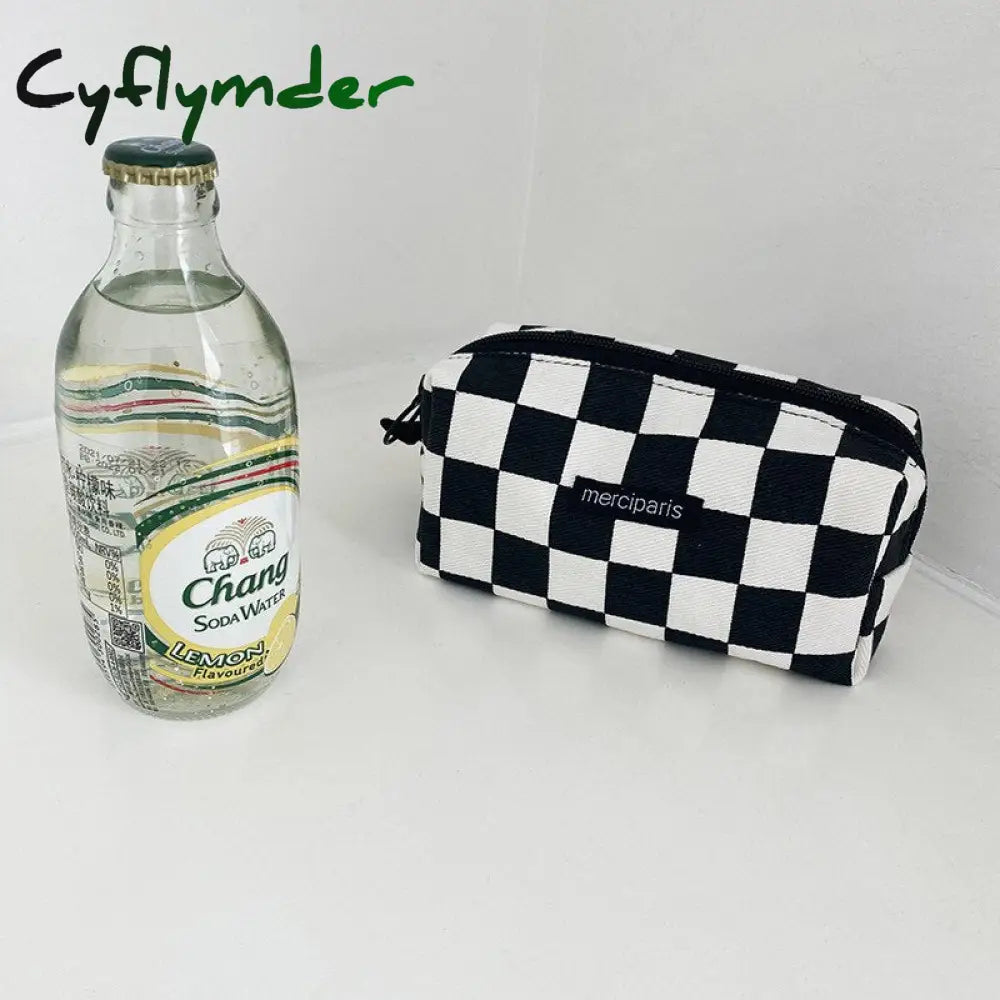 Cyflymder Japanese Style Plaid Cosmetic Bag Women Canvas Handbags Purse Organizer Pencil Bags