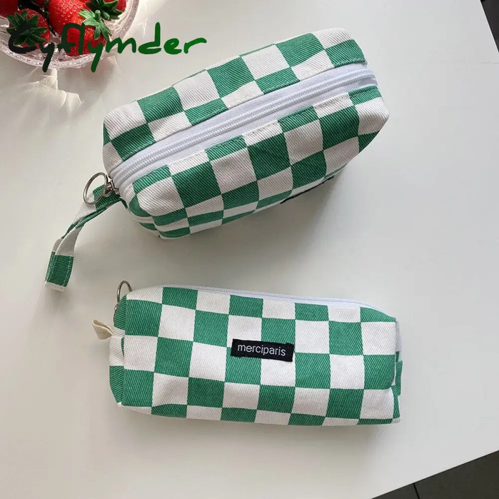 Cyflymder Japanese Style Plaid Cosmetic Bag Women Canvas Handbags Purse Organizer Pencil Bags