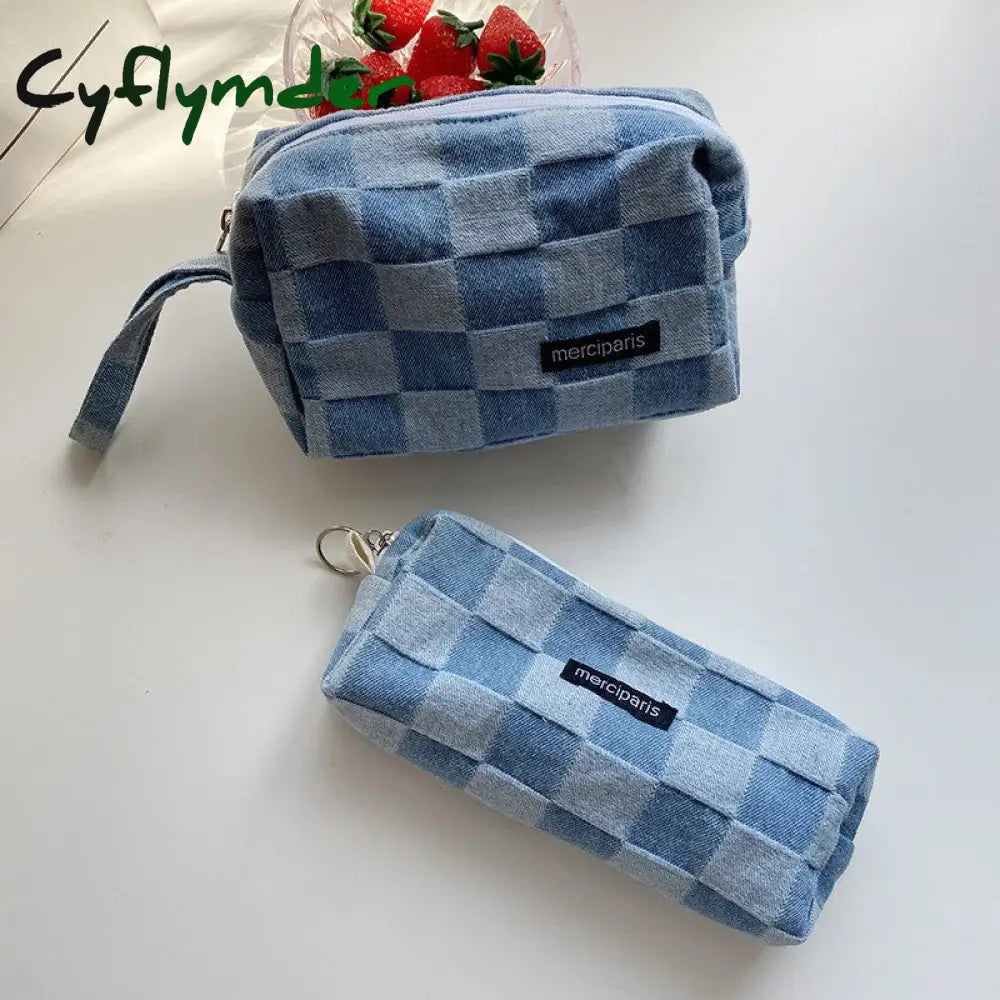 Cyflymder Japanese Style Plaid Cosmetic Bag Women Canvas Handbags Purse Organizer Pencil Bags