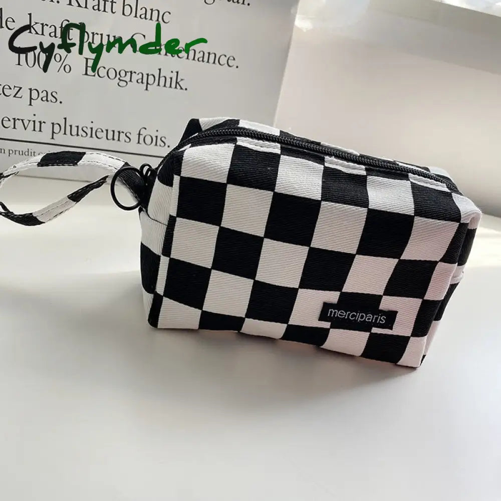 Cyflymder Japanese Style Plaid Cosmetic Bag Women Canvas Handbags Purse Organizer Pencil Bags