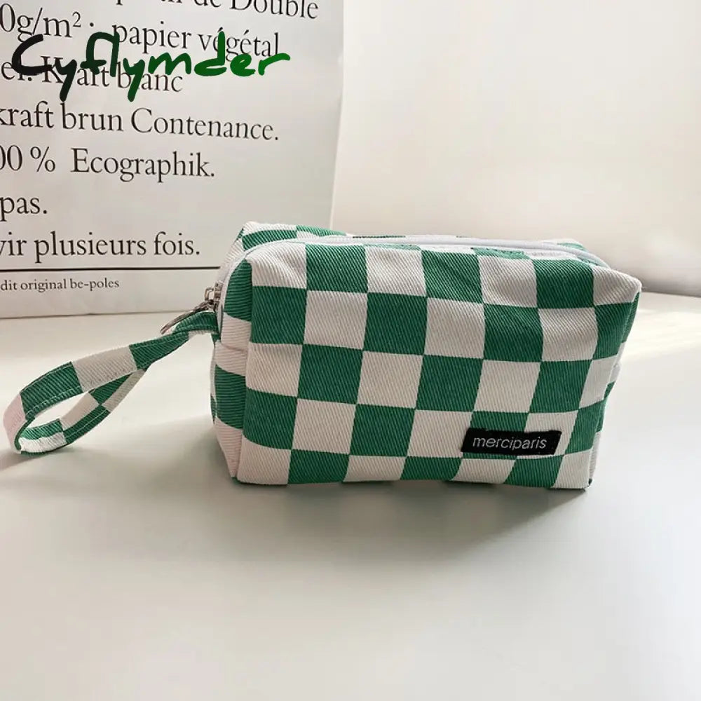 Cyflymder Japanese Style Plaid Cosmetic Bag Women Canvas Handbags Purse Organizer Pencil Bags