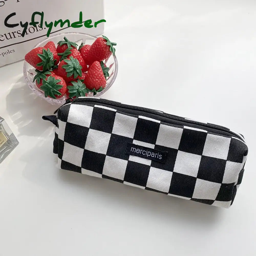 Cyflymder Japanese Style Plaid Cosmetic Bag Women Canvas Handbags Purse Organizer Pencil Bags