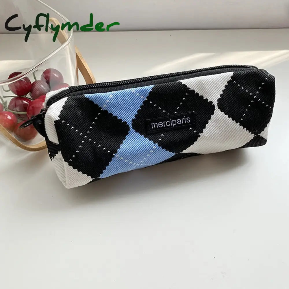 Cyflymder Japanese Style Plaid Cosmetic Bag Women Canvas Handbags Purse Organizer Pencil Bags