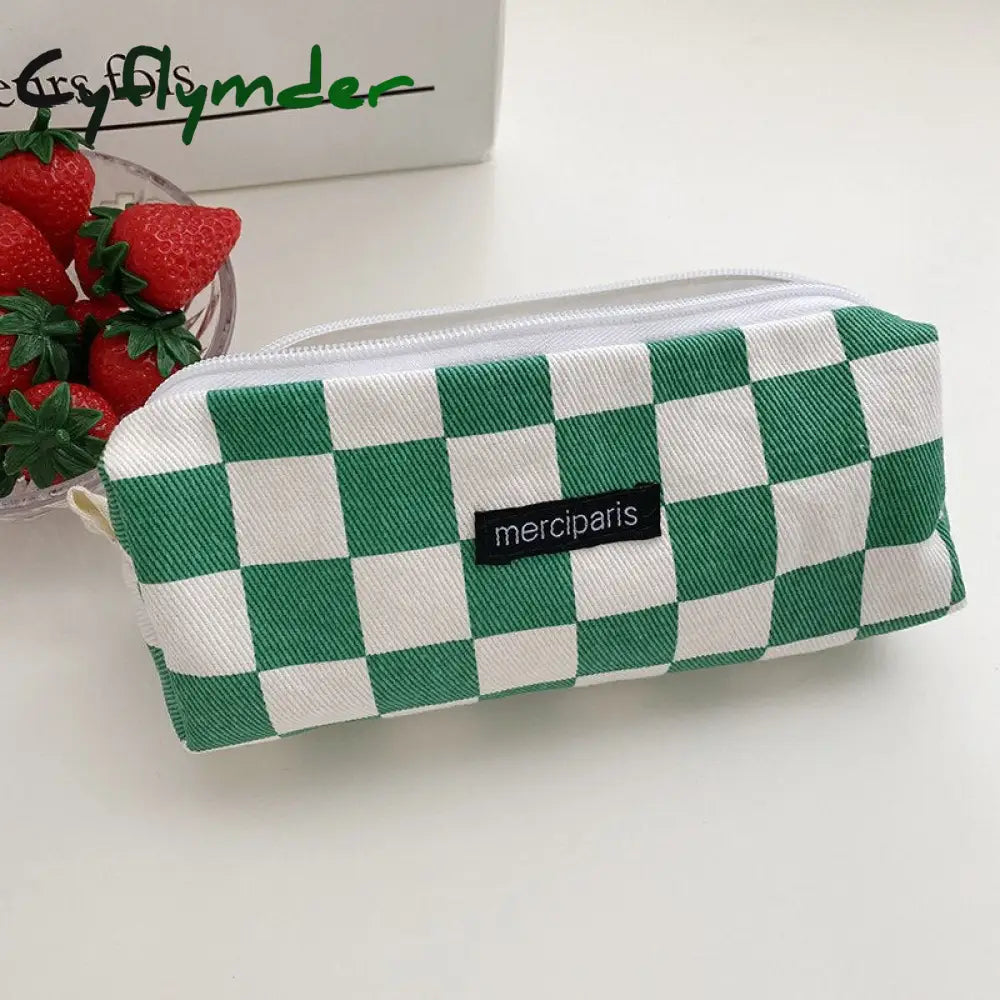 Cyflymder Japanese Style Plaid Cosmetic Bag Women Canvas Handbags Purse Organizer Pencil Bags