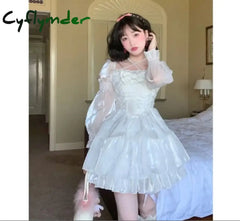 Cyflymder Japanese Sweet Fairy Lolita Dress Women White Mesh Elegant Princess Female Bow Casual