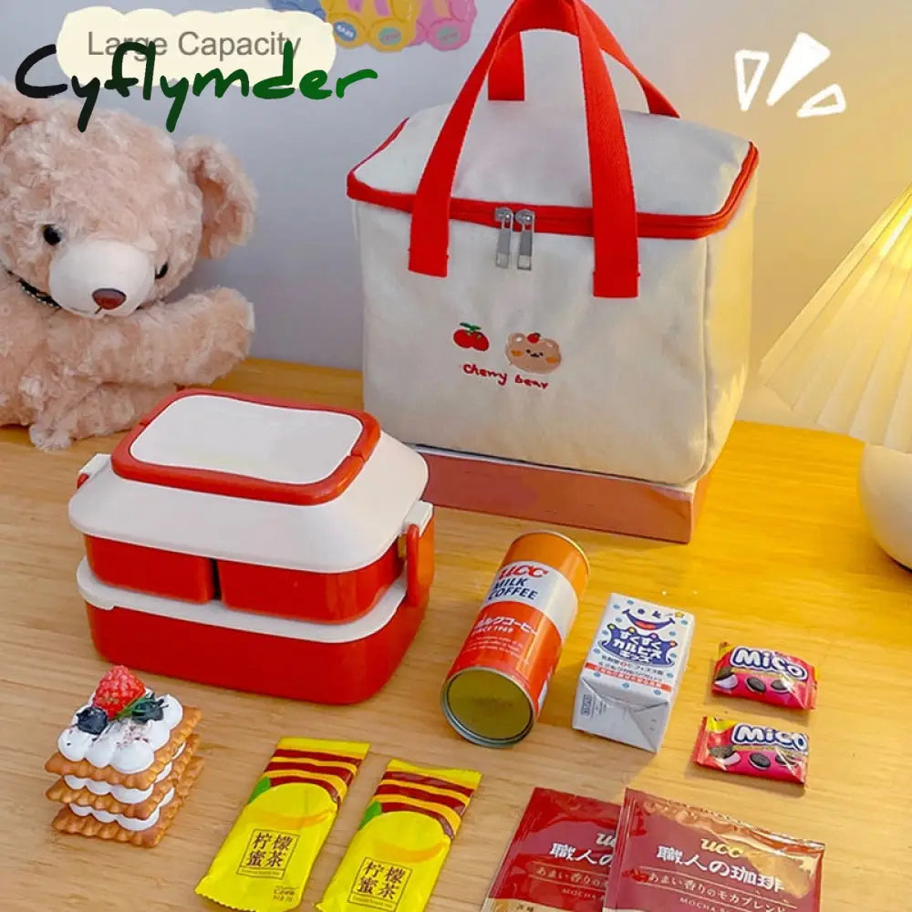 Cyflymder Kawaii Bear Lunch Bags For Women Kids Girl Cute Korean Canvas Insulated Portable Picnic